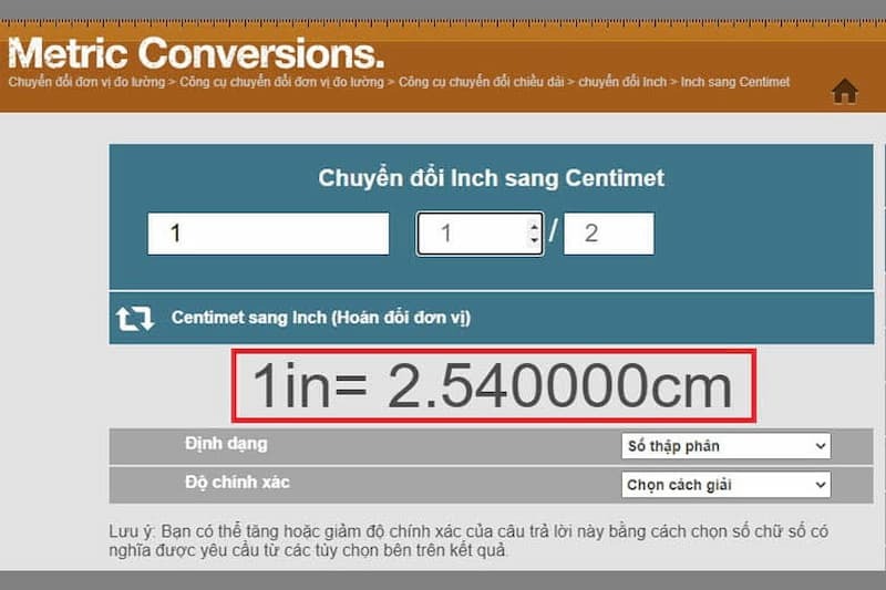 Công cụ hỗ trợ quy đổi một inch bằng bao nhiêu cm